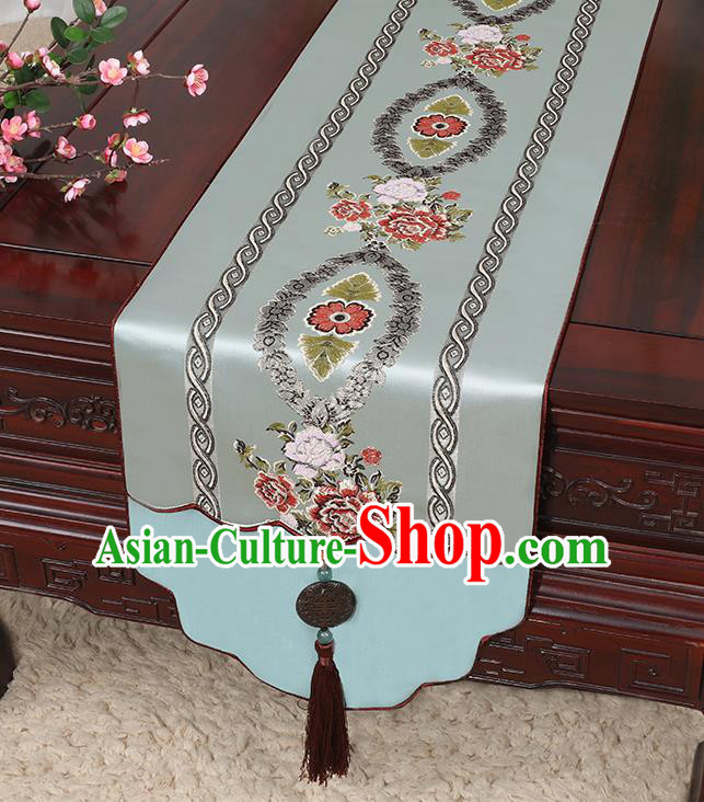 Chinese Classical Household Ornament Jade Pendant Tassel Pea Green Brocade Table Flag Traditional Handmade Table Cover Cloth