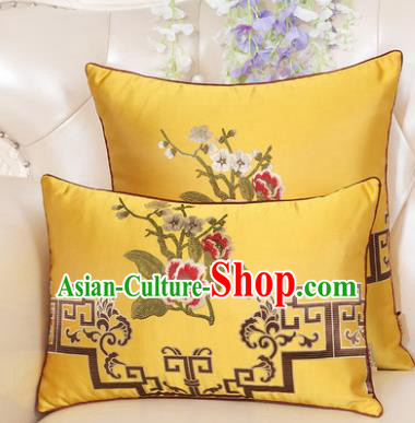 Chinese Classical Household Ornament Embroidered Peony Yellow Brocade Back Cushion Traditional Handmade Waist Pillow
