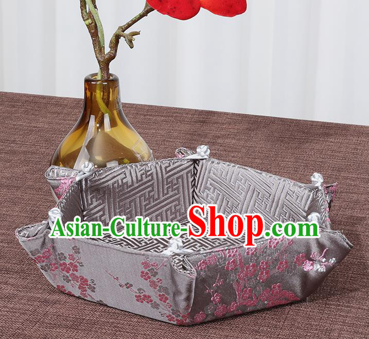 Chinese Traditional Household Accessories Classical Plum Blossom Pattern Grey Brocade Storage Box Candy Tray