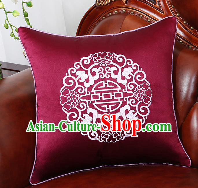 Chinese Traditional Embroidered Wine Red Brocade Back Cushion Cover Classical Household Ornament