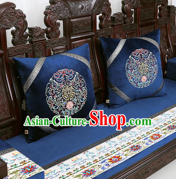 Chinese Traditional Embroidered Lotus Navy Brocade Back Cushion Cover Classical Household Ornament