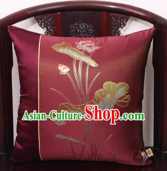Chinese Traditional Lotus Pattern Wine Red Brocade Back Cushion Cover Classical Household Ornament