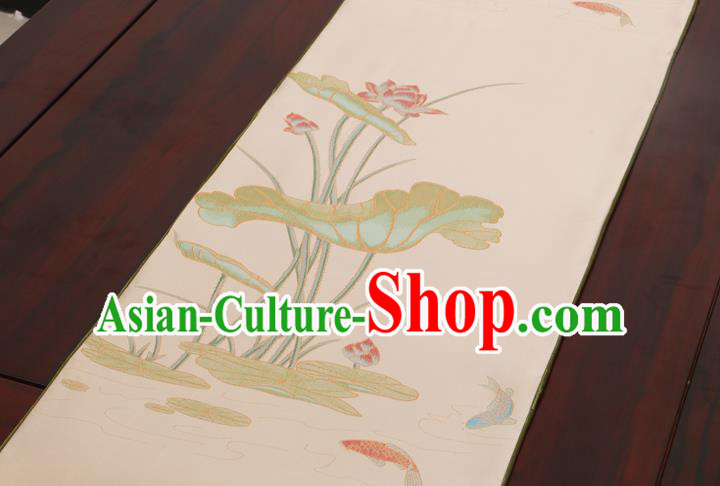 Chinese Traditional Lotus Pattern Beige Brocade Table Cloth Classical Satin Household Ornament Table Flag
