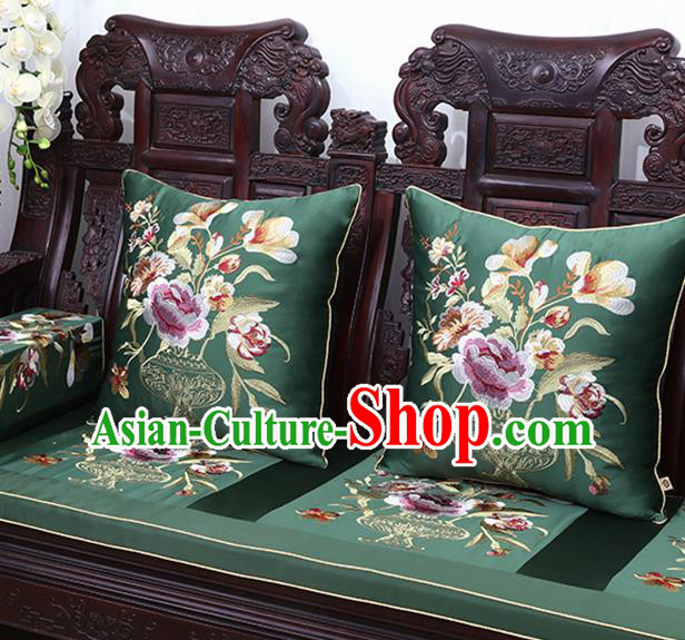 Chinese Traditional Embroidered Peony Green Brocade Back Cushion Cover Classical Household Ornament