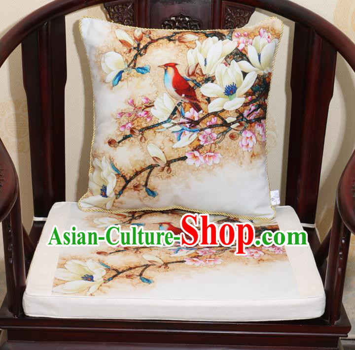 Chinese Classical Household Ornament Traditional Flowers Birds Pattern White Brocade Cushion Cover and Armchair Mat Cover