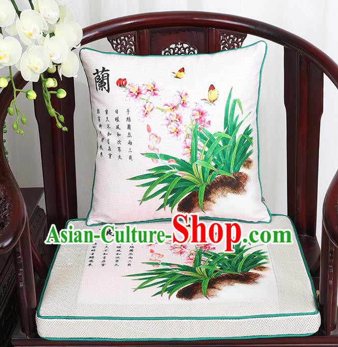 Chinese Classical Household Ornament Traditional Orchid Pattern White Brocade Cushion Cover and Armchair Mat Cover