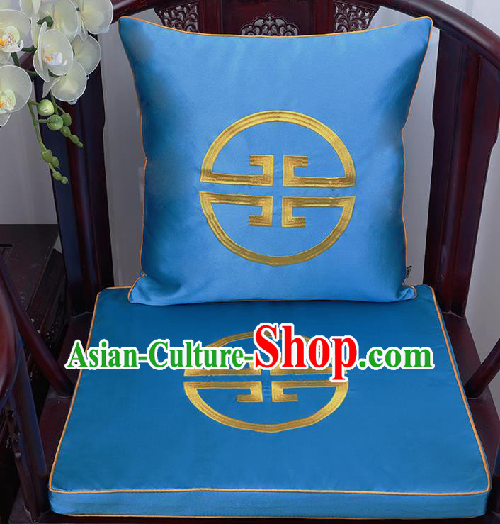 Chinese Classical Household Ornament Traditional Handmade Blue Brocade Cushion Cover and Armchair Mat
