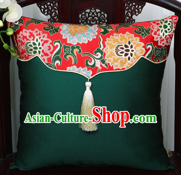Chinese Traditional Lotus Pattern Green Brocade Back Cushion Cover Classical Household Ornament