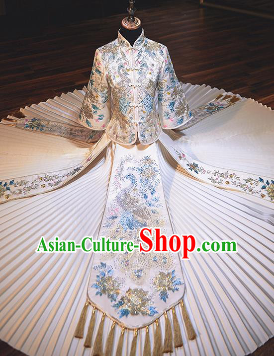 Chinese Traditional Wedding Costumes Bride Toast White Xiuhe Suits Ancient Embroidered Full Dress for Women