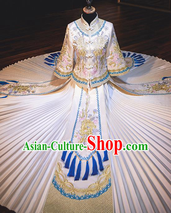 Chinese Traditional Wedding Costumes Bride Toast Blue Tassel Xiuhe Suits Ancient Embroidered Full Dress for Women