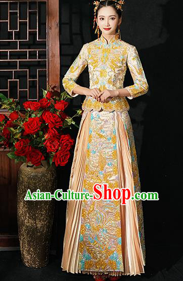 Chinese Traditional Wedding Costumes Bride Toast Golden Xiuhe Suits Ancient Embroidered Full Dress for Women