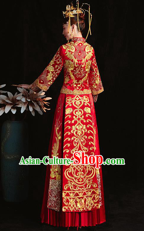 Chinese Traditional Wedding Costumes Embroidered Red Xiuhe Suits Ancient Bride Toast Full Dress for Women