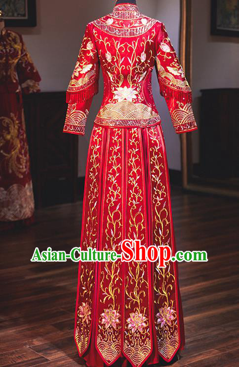Chinese Traditional Wedding Costumes Embroidered Peony Red Xiuhe Suits Ancient Bride Toast Full Dress for Women