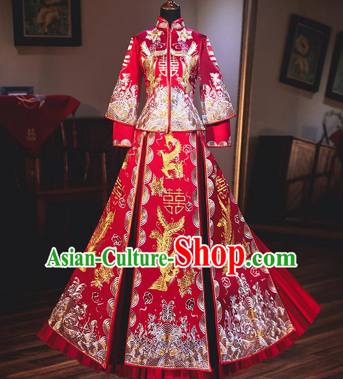 Chinese Traditional Bride Xiuhe Suits Ancient Handmade Embroidered Red Wedding Costumes for Women