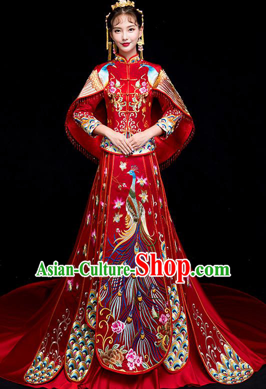 Chinese Traditional Bride Trailing Xiuhe Suits Ancient Handmade Embroidered Phoenix Red Wedding Costumes for Women