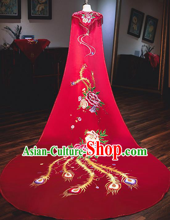 Chinese Traditional Bride Cloak Ancient Handmade Embroidered Phoenix Red Wedding Costumes for Women