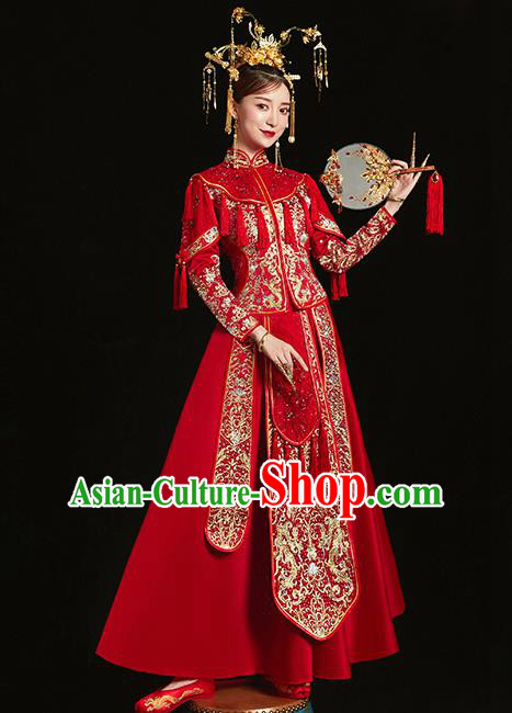 Chinese Traditional Bride Toast Embroidered Diamante Red Xiuhe Suits Ancient Wedding Costumes for Women