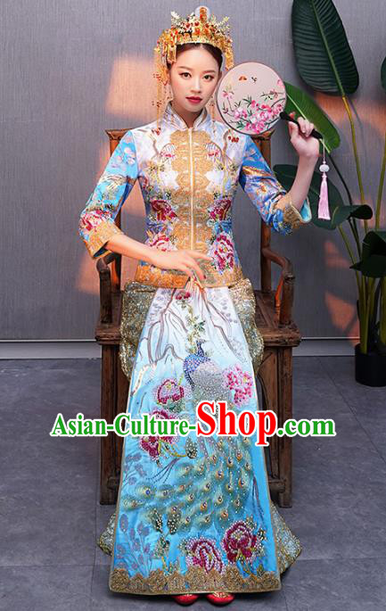 Chinese Traditional Bride Embroidered Peacock Blue Xiuhe Suits Ancient Handmade Wedding Costumes for Women