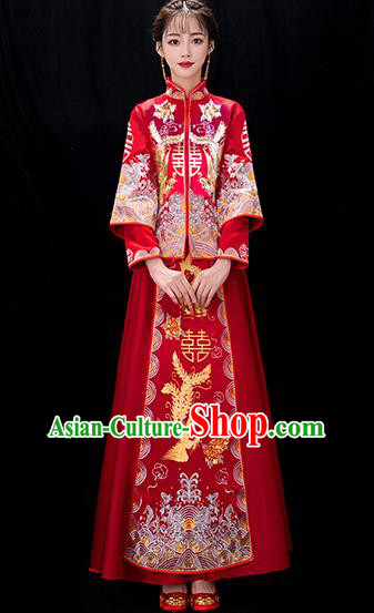 Chinese Traditional Bride Embroidered Phoenix Red Xiuhe Suits Ancient Wedding Costumes for Women