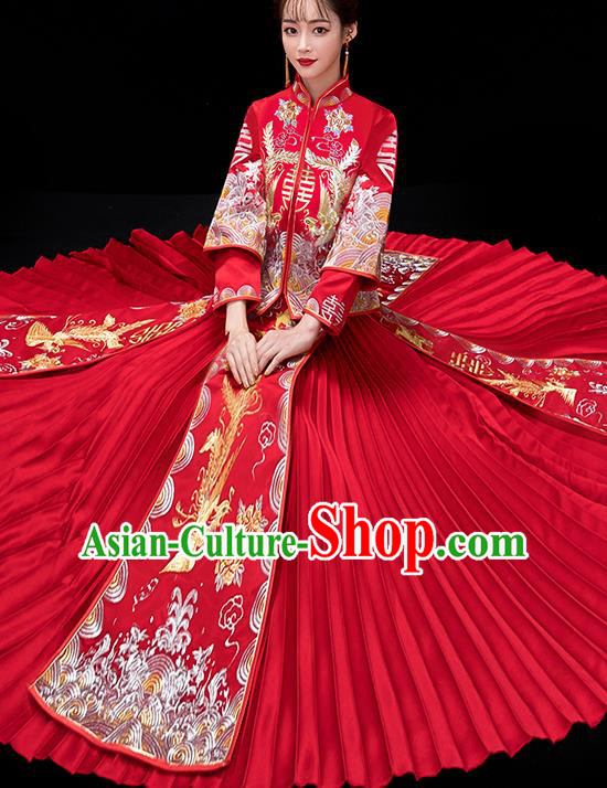 Chinese Traditional Bride Embroidered Phoenix Red Xiuhe Suits Ancient Handmade Wedding Costumes for Women