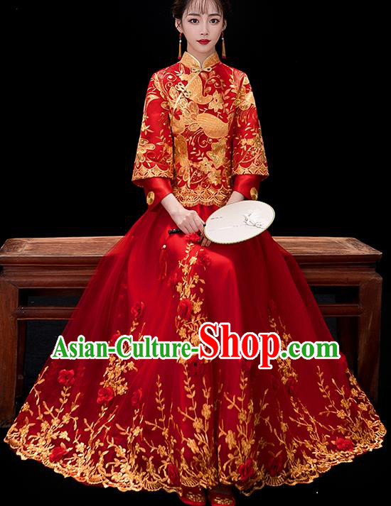 Chinese Traditional Bride Embroidered Red Veil Xiuhe Suits Ancient Handmade Wedding Costumes for Women