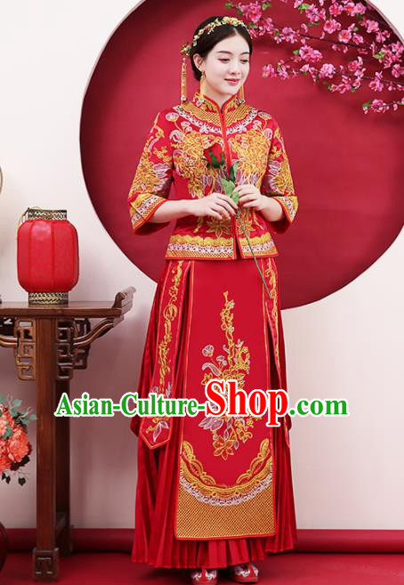 Chinese Traditional Bride Gilding Peony Red Xiuhe Suits Ancient Handmade Wedding Costumes for Women