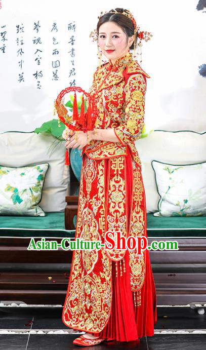 Chinese Traditional Bride Xiuhe Suits Ancient Handmade Golden Embroidered Wedding Costumes for Women