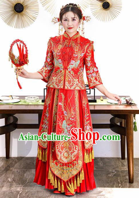 Chinese Traditional Bride Xiuhe Suits Ancient Handmade Red Embroidered Phoenix Peony Wedding Dresses for Women