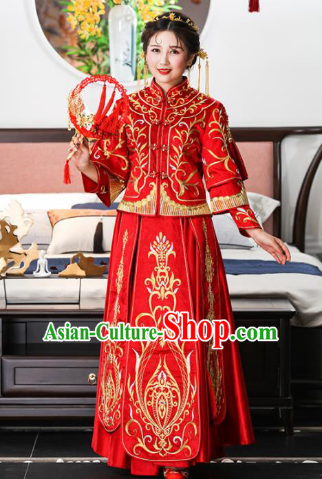 Chinese Traditional Bride Red Xiuhe Suits Ancient Handmade Embroidered Wedding Dresses for Women