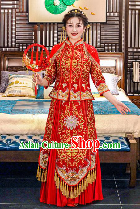 Chinese Traditional Bride Red Embroidered Xiuhe Suits Ancient Handmade Wedding Dresses for Women