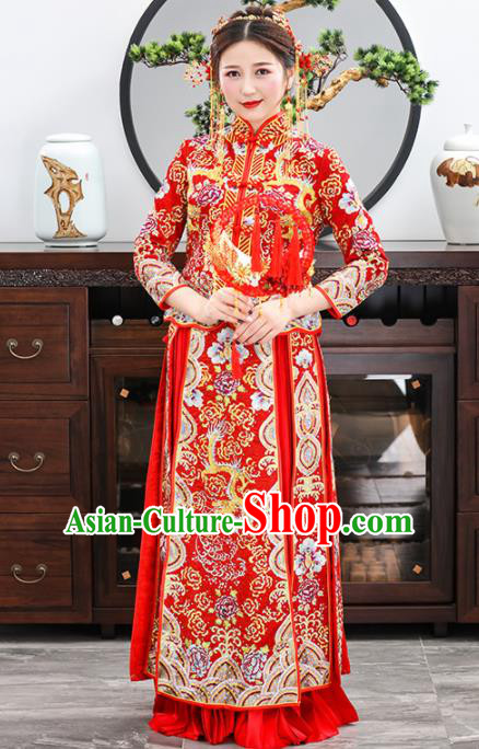 Chinese Traditional Bride Embroidered Dragon Red Xiuhe Suits Ancient Handmade Wedding Dresses for Women