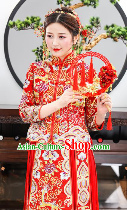 Chinese Traditional Bride Embroidered Dragon Red Xiuhe Suits Ancient Handmade Wedding Dresses for Women