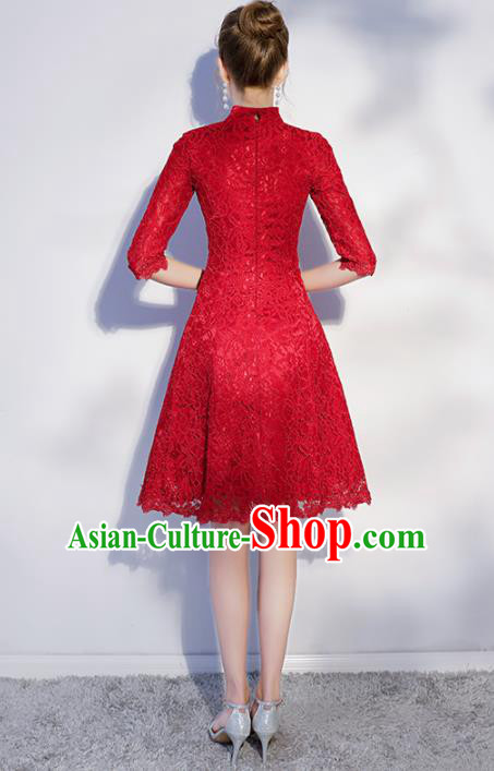 Chinese Traditional Bride Embroidered Slim Cheongsam Ancient Handmade Red Lace Wedding Dress for Women