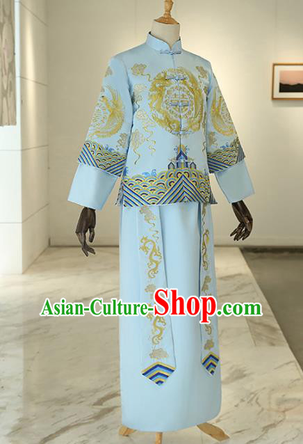 Chinese Traditional Wedding Blue Gown Ancient Bridegroom Embroidered Costumes for Men
