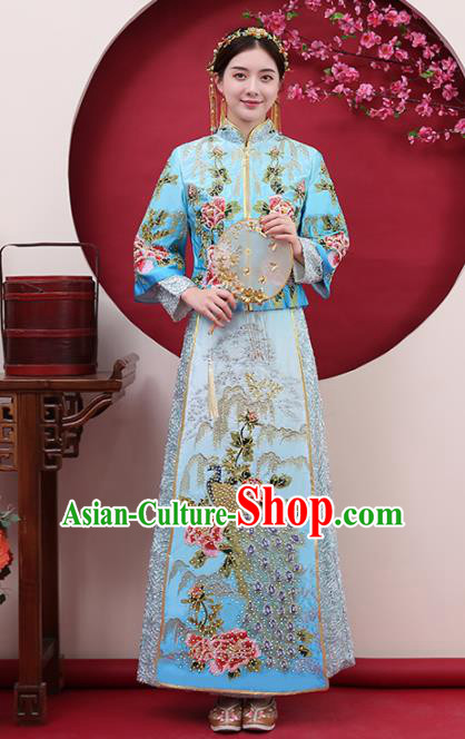 Chinese Traditional Bride Diamante Peacock Blue Xiuhe Suits Ancient Handmade Wedding Costumes for Women
