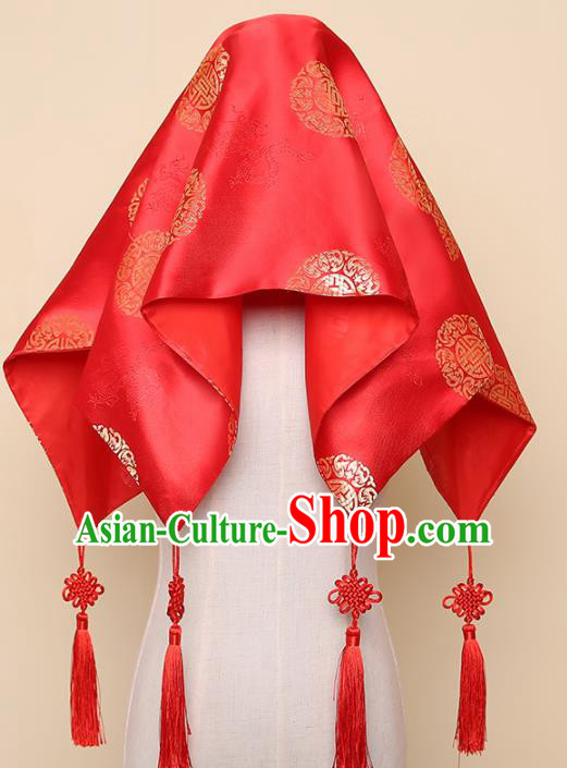 Chinese Traditional Wedding Hair Accessories Ancient Bride Red Silk Cover Headdress for Women