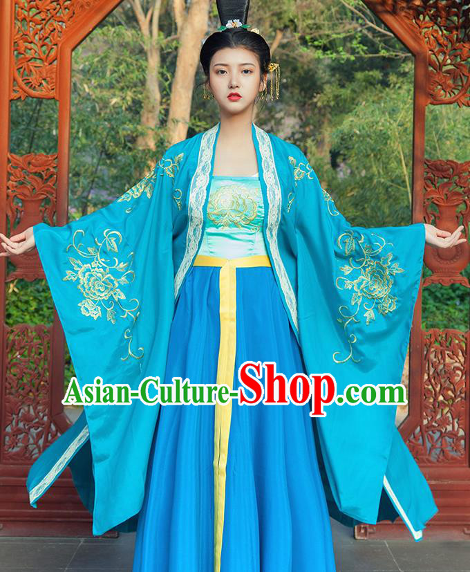 Traditional Chinese Tang Dynasty Imperial Consort Blue Hanfu Dress Ancient Drama Peri Goddess Costumes for Women