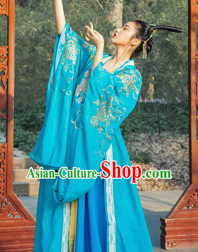 Traditional Chinese Tang Dynasty Imperial Consort Blue Hanfu Dress Ancient Drama Peri Goddess Costumes for Women
