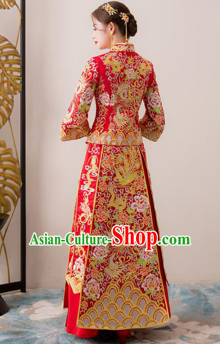 Chinese Traditional Bride Embroidered Cheongsam Ancient Handmade Xiuhe Suits Wedding Dress for Women