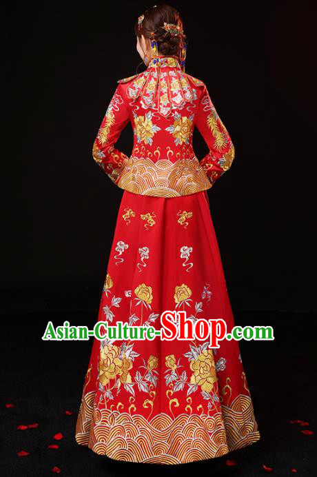 Chinese Traditional Embroidered Peony Cheongsam Ancient Bride Handmade Xiuhe Suits Wedding Dress for Women