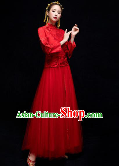 Chinese Traditional Wedding Dress Embroidered Red Cheongsam Ancient Bride Handmade Xiuhe Suits Costumes for Women
