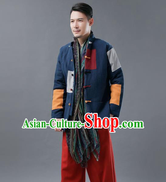 Chinese Traditional Tang Suits National Shirts Mandarin Navy Cotton Padded Jacket for Men