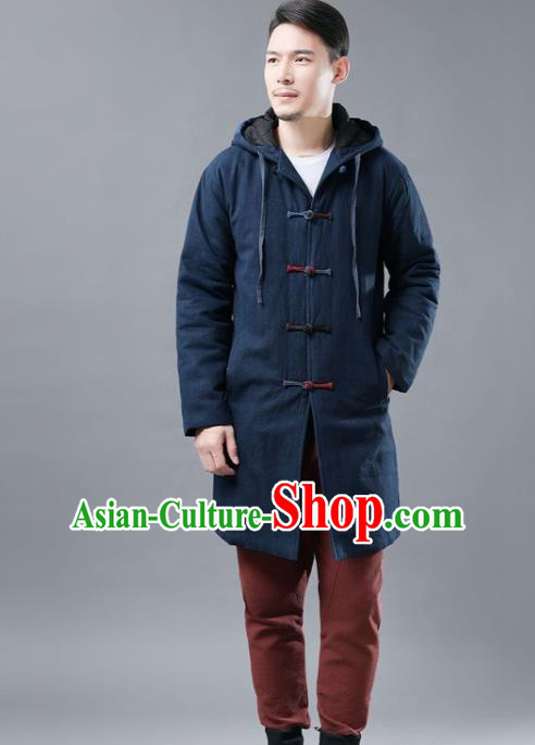 Chinese Traditional Costume Tang Suits National Shirts Mandarin Navy Cotton Padded Coat for Men