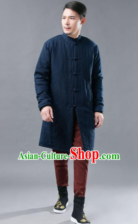 Chinese Traditional Costume Tang Suits Navy Cotton Padded Coat National Navy Mandarin Shirt for Men
