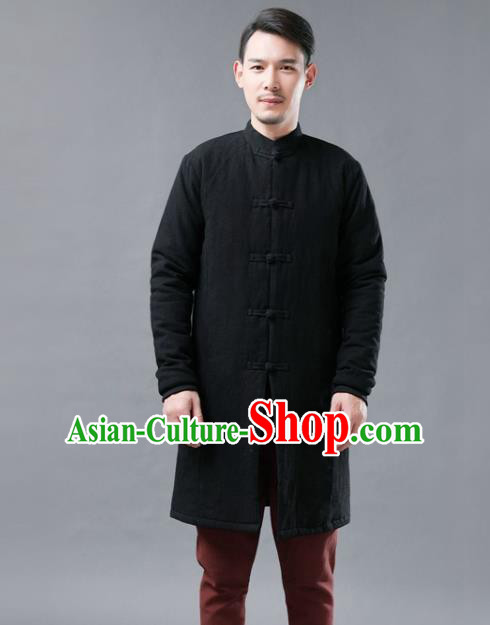 Chinese Traditional Costume Tang Suits Black Cotton Padded Coat National Navy Mandarin Shirt for Men
