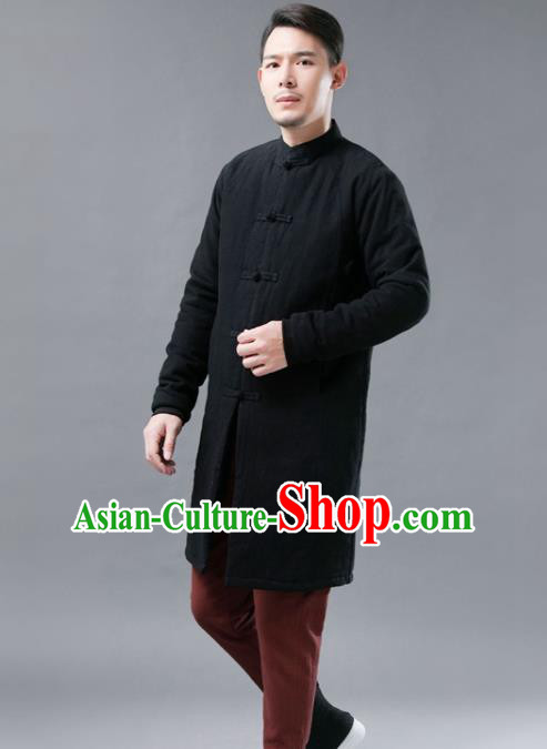 Chinese Traditional Costume Tang Suits Black Cotton Padded Coat National Navy Mandarin Shirt for Men