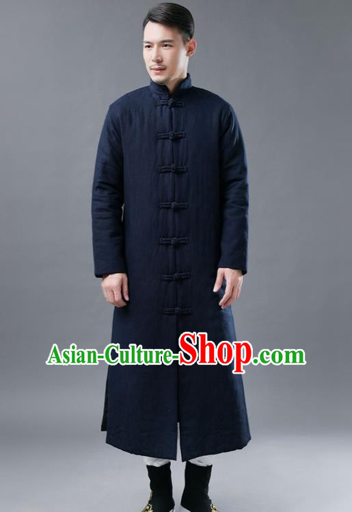 Chinese Traditional Costume Tang Suits National Mandarin Navy Cotton Padded Long Coat for Men