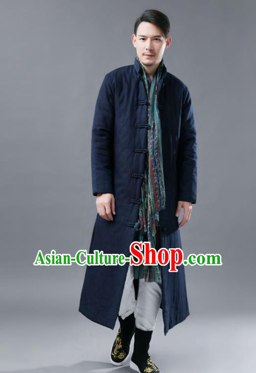 Chinese Traditional Costume Tang Suits National Mandarin Navy Cotton Padded Long Coat for Men