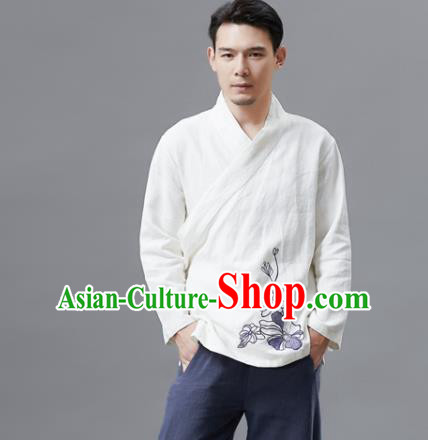 Chinese Traditional Costume Tang Suit White Shirts National Mandarin Outer Garment for Men