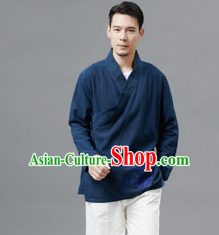 Chinese Traditional Costume Tang Suit Navy Shirts National Mandarin Outer Garment for Men